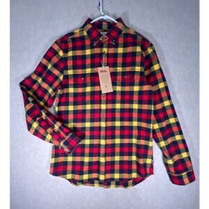 New Fjallraven Skog Flannel Shirt Slim Fit Button Up Size L Red Yellow Plaid.